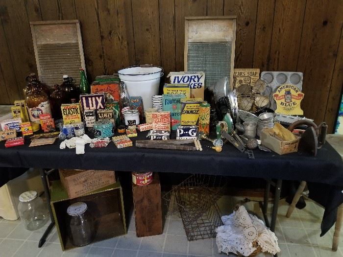 Huge collection of antique bottles/boxes/household advertising items