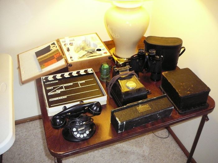 Vintage Telephone - binoculars - movie clapboard - tasco microscope 