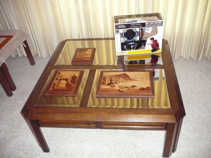 Vintage Coffee table - Wooden Marquetry Pictures - National Geographic Flying Saucer 