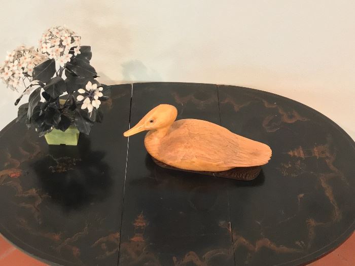 Antique Chinese Gate Leg Table, Hooded Merganser Duck Decoy in Butternut, Signed, vintage Chinese Jade tree