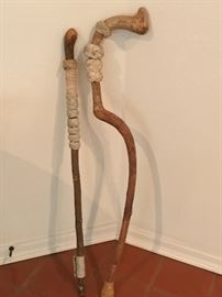 vintage knobby wood walking sticks, canes with turks head knots