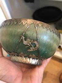 Tibetan Spinach Jade Bowl with Silver Phoenix