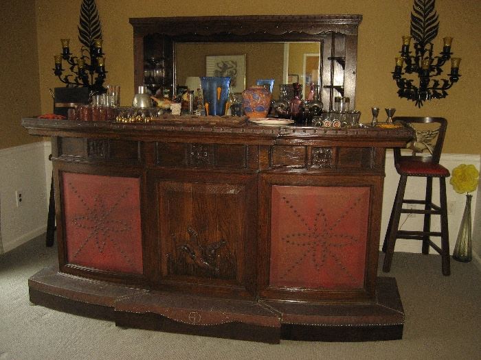 Unique oak carved bar & mirrored back bar with stainless counter