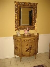Gilt mirror & painted half cabinet