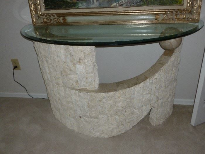 Unique faux stone glass top half-round table