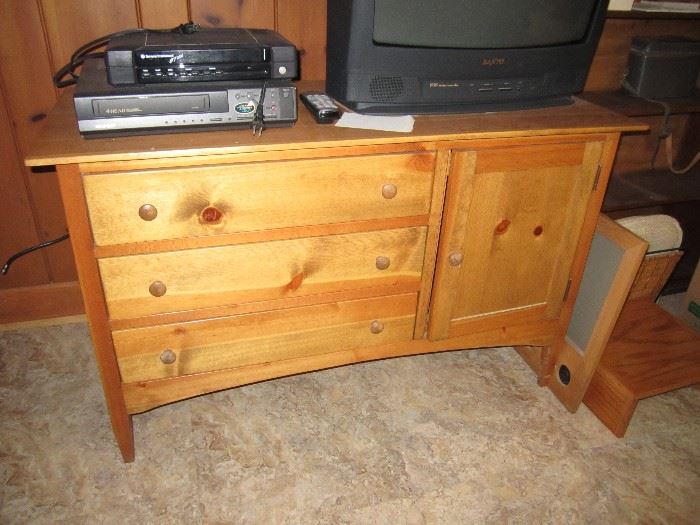 Pine cabinet, vcr player and dvd player