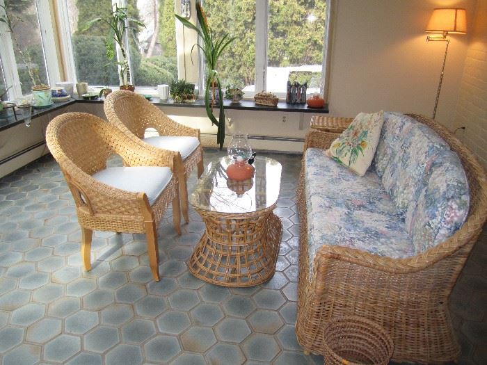 Wicker patio furniture and amazing plants