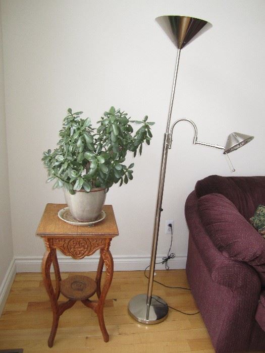 Oak plant stand, beautiful Jade plant, floor lamps