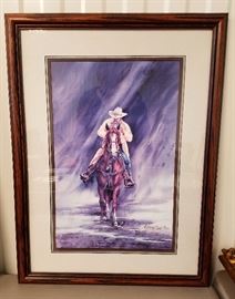 Limited edition print of a cowboy riding through the rain, #16/350, entitled "Hope The Coffee's On" by Marci Haynes Scott (Colorado), 20" x 13" in a 28 1/2" x 21 1/2" frame