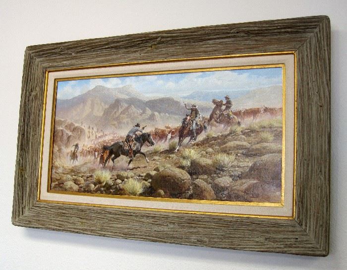 1981 oil on canvas painting of mounted cowboys in a gunfight with a herd of cattle and mountains in the background, entitled "The Men Who Wouldn't Pay Toll", by Russ Vickers (Arizona, 1923-1997), 12" x 24" in a 20" x 32" frame