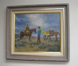 1995 oil on board painting of two cowboys in yellow slickers, one mounted and the other dismounted, in a western landscape, entitled "Conferring With The Boss", by Patricia Morgan Allen (Rock Springs, Wyoming 1949-2010), 23" x 27" in a 29" x 33" frame