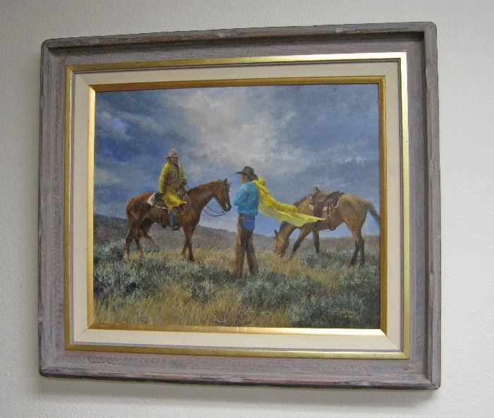 1995 oil on board painting of two cowboys in yellow slickers, one mounted and the other dismounted, in a western landscape, entitled "Conferring With The Boss", by Patricia Morgan Allen (Rock Springs, Wyoming 1949-2010), 23" x 27" in a 29" x 33" frame