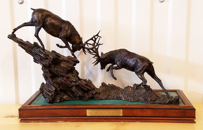Bronze sculpture of two bull elk fighting, entitled "Mountain Thunder", by Ronald Van Ruyckevelt, distributed by The Franklin Mint, 8" x 16"