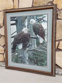 1987 limited edition print of a pair of eagles perched in a tree, #1135/2500, entitled "The Nesting Call", by Rod Frederick, 29" x 24" in a 36" x 31" frame