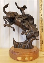 1995 bronze sculpture of a cowboy riding a bucking horse, #90/100, entitled "Daddy Of Em All, A Cheyenne Tradition", by Herb Mignery (Colorado, 1937-), 15" x 13" x 8"