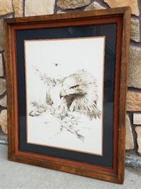 1982 ink and ballpoint drawing of the head of an eagle superimposed on a small scale landscape, entitled "Return to Fredom", by Mike F.Kopp Laramie, WY), 30" x 24" in a 40" x 34" frame