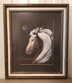 Pastel painting of a stylixed horse's head, entitled "Medicine Hat Mustang", by Maia Lornson. Done in the style of, but not by, Colorado artist Maija, 9" x 12" in a 15" x 18" frame