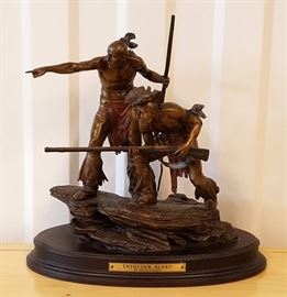 Bronze sculpture of two Native Americans on guard with rifles, entitled "Intruder Alert", by Ernie Cselko, issued by The Franklin Mint, 10" x 8" x 4"