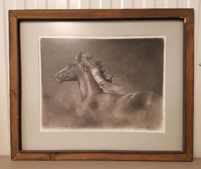 1969 powdered charcoal drawing of a horse, entitled "In Wild Fury", by Larry W. Greenwalt (New Mexico 1938-2007), 18" x 23" in a 27 1/2" x 33 1/2" frame. Frame has damage (see last photo)