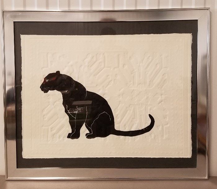1979 etching on embossed paper of a seated black panther, entitled "Black & White", #41/500, by Jonna White (St. Thomas, US Virgin Islands), 22" x 30", in a 30" x 36" frame