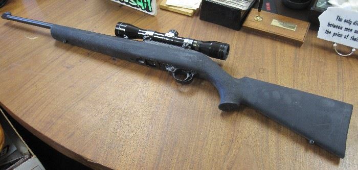 Ruger standard carbine rifle, Model 10/22, semi-auto, rim fire, 22LR caliber, synthetic stock and extra walnut stock, Serial #246-11181, with Tasco Pronghorn scope on Weaver mount. No box or case.