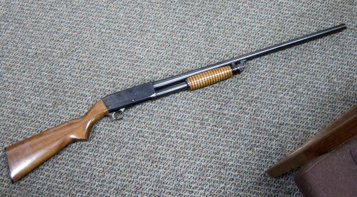 1957 Ithaca Arms Company Model 37 Featherlight 12 gauge shotgun, slide action, 2 3/4" chamber, full choke, single barrel, receiver is engraved with ducks on the wing, plain walnut stock, Serial #668915-4. No box or case.