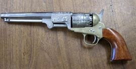 1992 Italian made black powder revolver, 44 caliber, octagon barrel, chrome plated and engraved barrel, wood grips, with provisional Gardone and Brescia proof house marks, and the year 1992 proof symbol, Serial #D27276, with leather Bucheimer holster #BML-4. No box or case.