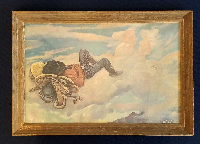 Print of a sleeping cowboy with a cloud in the shape of a white horse branded A1, by Lon Megargee (Arizona, 1887-1960). Taken from a 1948 painting done for an advertisement for the A1 Beer Company. 16" x 24" in a 19" x 27" frame.