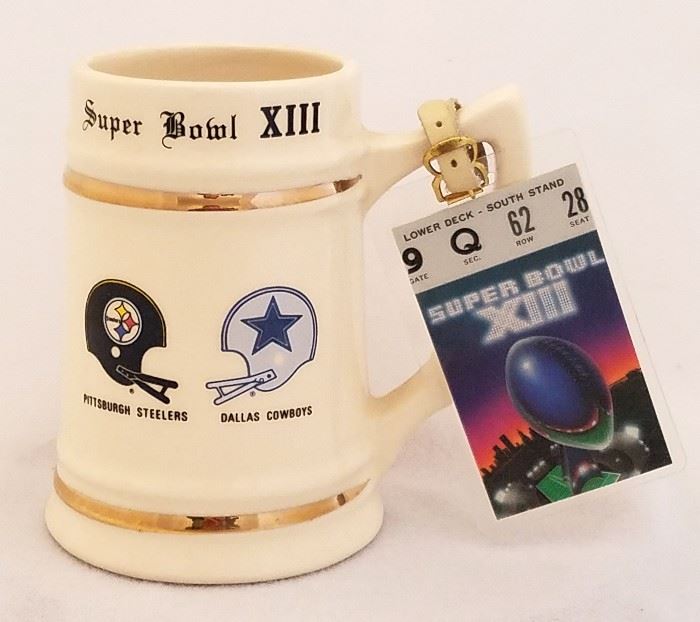 Commemorative stein and ticket from the 1/21/79 Super Bowl XIII, Pittsburgh Steelers vs Dallas Cowboys