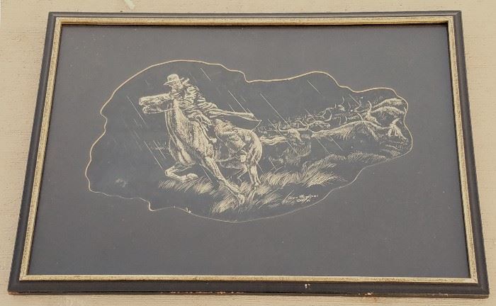 Original 1953 black and white scratchboard illustration of a cowboy fleeing a stampeding herd of longhorn cattle in a storm, entitled "Stampede And A Narrow Escape", by George Phippen (1915-1966), 10" x 17" vignette, 17" x 24" frame.
