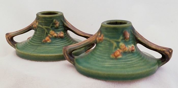Pair of 1941 Roseville Pottery 114-7 Bushberry  7" candleholders, excellent condition. Guaranteed to original 1941 pieces