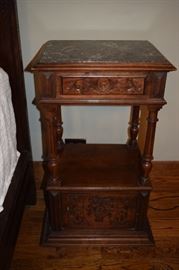 Antique Oak Nightstand with Marble Top Carved 35" Tall X 18" Wide X 14" Deep