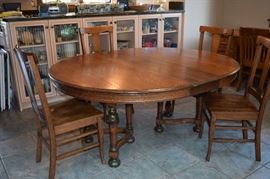 Antique English Tiger Oak Table with 4 Chairs 54" W X 65" L Including 2 Leafs 11" each