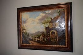 Original Oil By Artist J. Douglas Village Scene Framed 48" X 40"