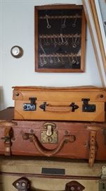 Vintage suitcases, shadow box with skeleton keys