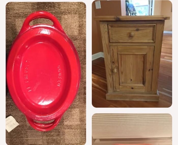 le creuset pot and antique table with drawer and cabinet