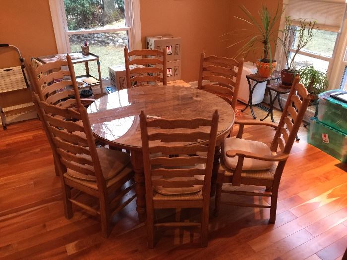 French table with glass top and  6  tall back chairs.