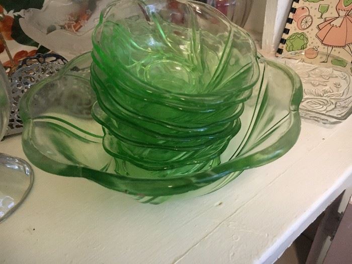 Beautiful green glass salad set with six bowls