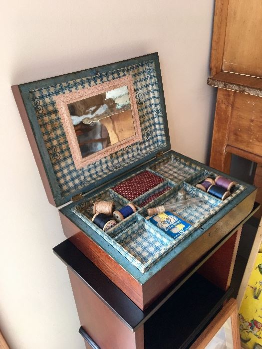 ANTIQUE SEWING BOX WITH GREAT DETAIL & SUPPLIES. 