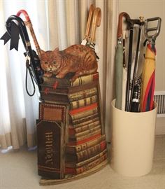 Rare & early Fornasetti "Cat on Books" lithographed metal umbrella stand