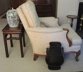 Chinese bronze, covered storage jar, bergere w/wood trim