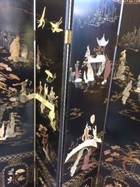 Second of two black lacquer Asian folding screen with hard stone detail