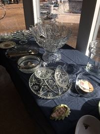 Punch bowl, glass trays, cake dome, many, many more glass pieces