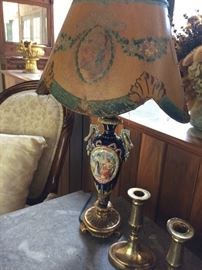 Brass and porcelain lamp with hand painted shade