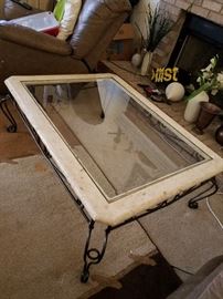 stone, plass and wrought iron coffee table with two matching end tables 
