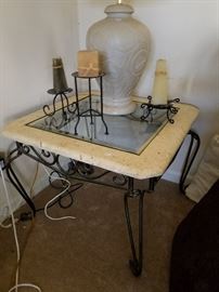 set of 2 stone, glass and wrought iron end tables nd matching coffee table set. Sell as set only