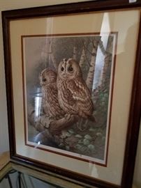 Vintage numbered owl print in frame.
