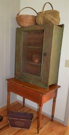 Primitive hanging pie safe / cupboard; red painted table; buttocks baskets