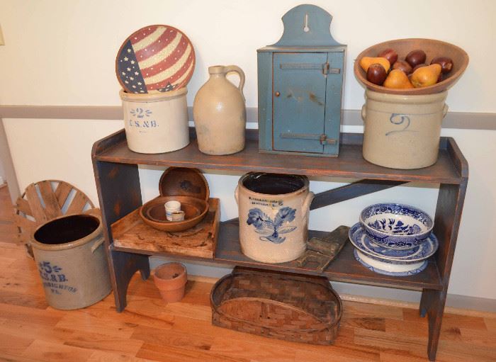 salt glaze stoneware crocks; baskets; dough bowls