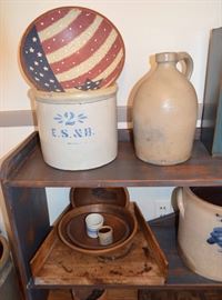 2 gal stoneware crock E.S. & B; stoneware jug; dough bowls; mini Estee Lauder promotion crocks
